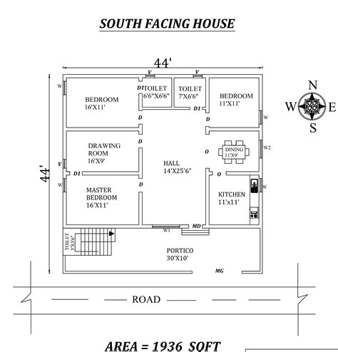44x44 3bhk South Facing House Plan Layout As Per Vastu Shastra Cadbull