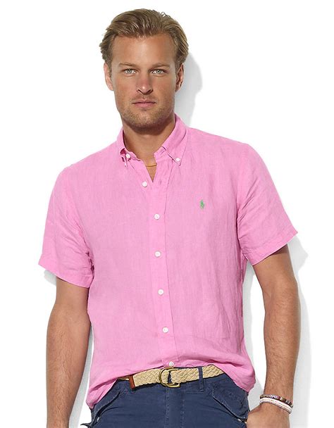 Lyst Polo Ralph Lauren Customfit Shortsleeved Linen Shirt In Pink For Men