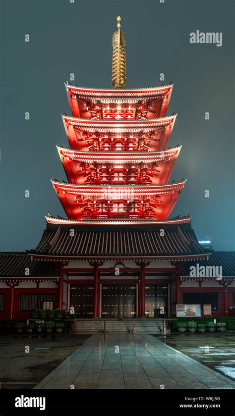 Night Photo Five Storey Pagoda Of Sensoji Buddhist Temple Complex