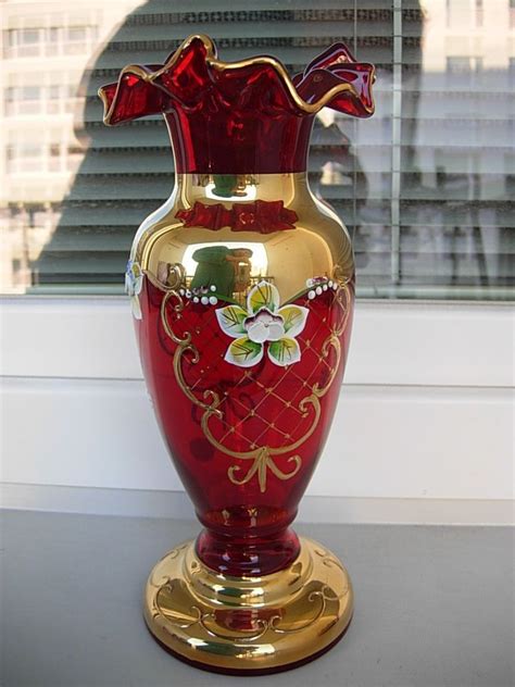 Stunning Enameled Bohemian Czech Ruby Red Vase Bohemianczech Red