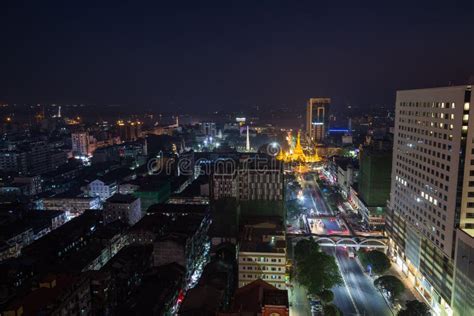 View Of Downtown Yangon From Above At Night Editorial Photography