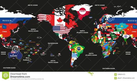 Vector Illustration Of World Map Jointed With National Flags With