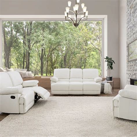 Corliving 3 Piece Lea White Bonded Leather Reclining Sofa Set The