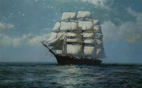 A Clipper Ship In A Moonlit Sea By Montague Dawson