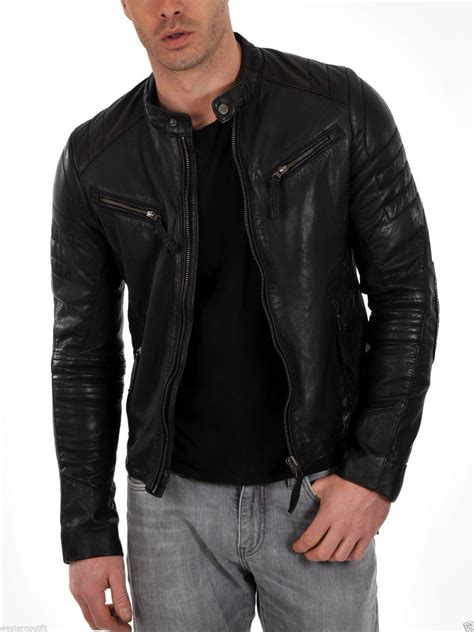 Mens Genuine Lambskin Leather Motorcycle Jacket Lambskin Leather