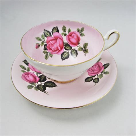 Pink Tea Cup And Saucer With Pink Roses By Old Royal Etsy Pale Pink Pink Roses Pink Tea Cups