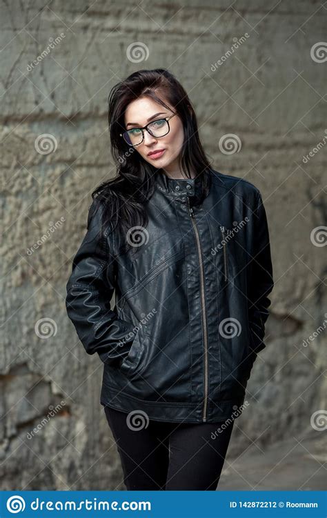 Glamorous Young Woman In Black Leather Jacket Portrait Of Cute Young