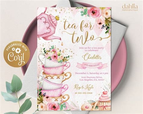 Tea For Two Birthday Invitation Pink And Gold Par Tea Invite Template