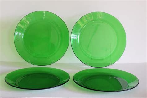 Vintage Forest Green Glass Dinner Plates Set Of Four 10 Inch Diameter