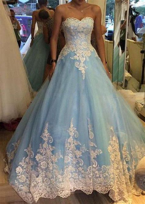 Sky Blue Prom Dress 2023 Strapless Lace Appliques Dcdress