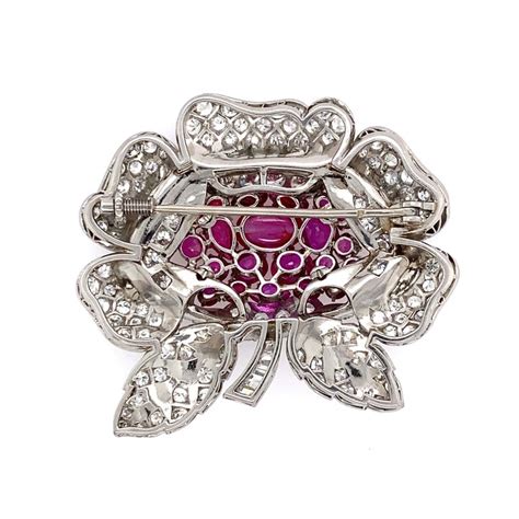 Fabulous French Art Deco Platinum Burmese Ruby Diamond Brooch For Sale