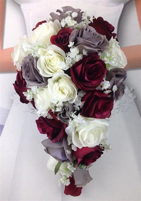 New Artificial Burgundy Gray And White Teardrop Wedding