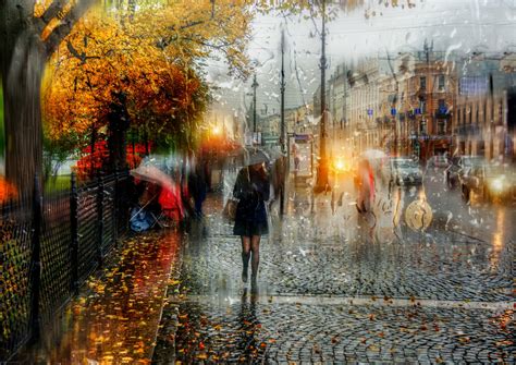 St Petersburg Autumn Rain Girl Umbrella Drops Hd Wallpaper