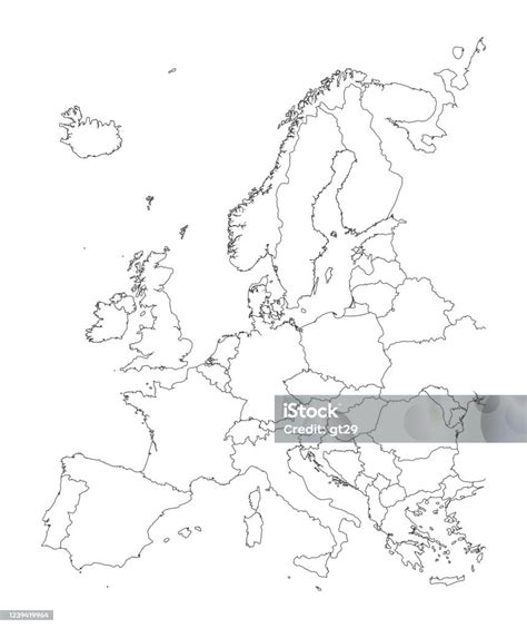 Map Of Europe Black And White Detailed Outlines Of Countries Stock