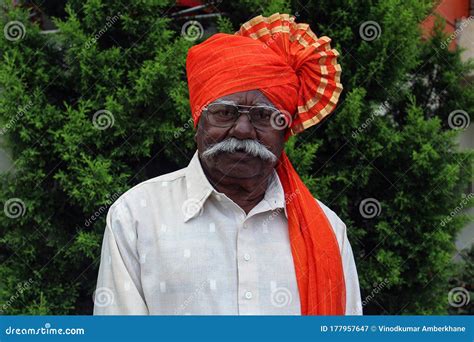 Old Indian Grandfather Wearing Orange Color Turban And Giving Pose For Photo Stock Image Image