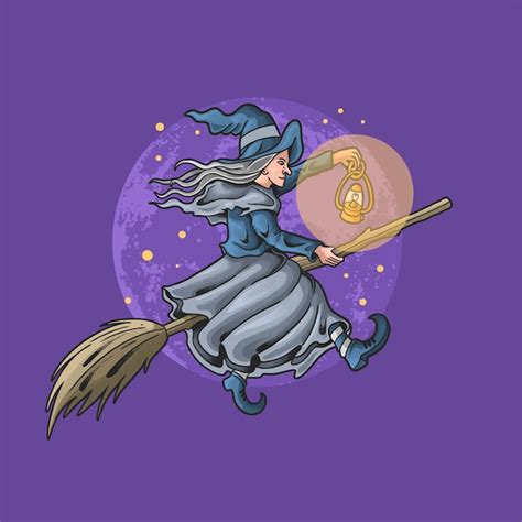 Premium Vector Beautiful Witch Riding Flying Broom
