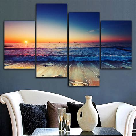 Framed 4pcs Modern Beach Sunset Seascape Canvas Wall Art Printed