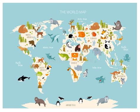 Mapa Del Mundo Con Animales De Dibujos Animados 2617521 Vector En