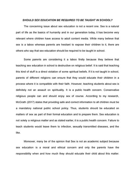 Argumentative Essay This Assignment Talks About The Concerning Issue About Sex Education Is