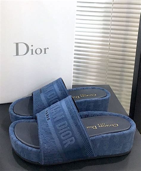 Christian Dior Womens Dway Slide In Embroidered Cotton Blue Alimorluxury