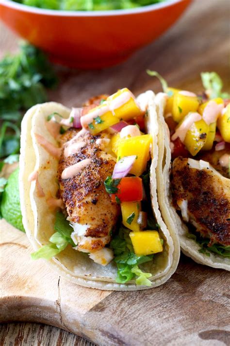 Ingredients · 3 ripe mangos, diced (see photos) · 1 medium red bell pepper, chopped · ½ cup chopped red onion · ¼ cup packed fresh cilantro leaves, chopped · 1 . Blackened Fish Tacos with Mango Salsa & Sriracha Aioli ...