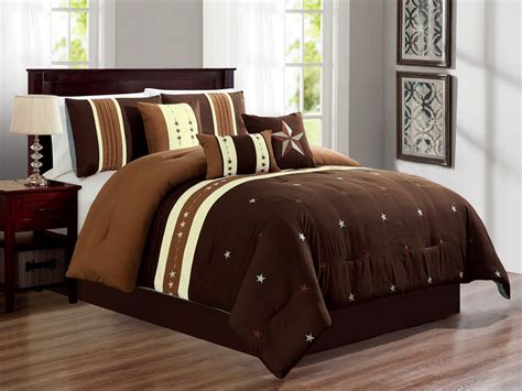 7 Pc Western Star Stripe Lines Embroidery Pleated Comforter Set Brown