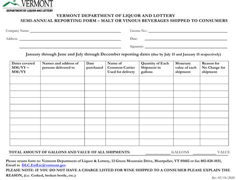 Vermont Semi Annual Reporting Form Malt Or Vinous Beverages Shipped