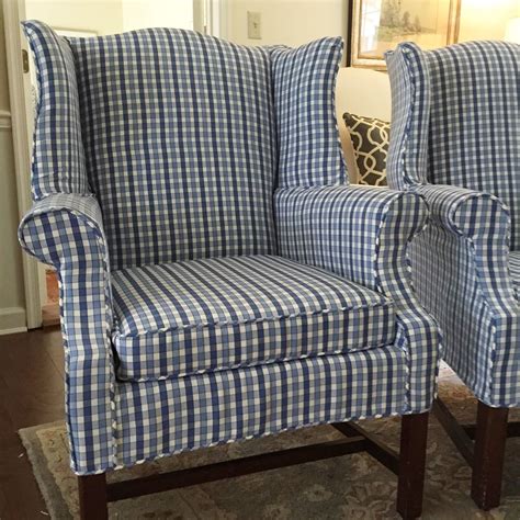 Learn how to slipcover a wingback chair with painter's drop cloth. Checked Wing Chairs in Shades of Blue | Slipcovers for ...