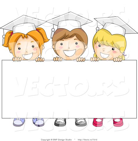 Cartoon Vector Of 3 Graduating Kids Standing Behind Blank Sign With Big