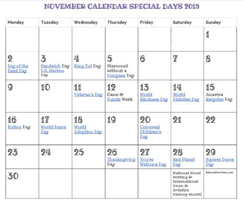 Printable November Calendar Special Days Holidays Free Kids Creative