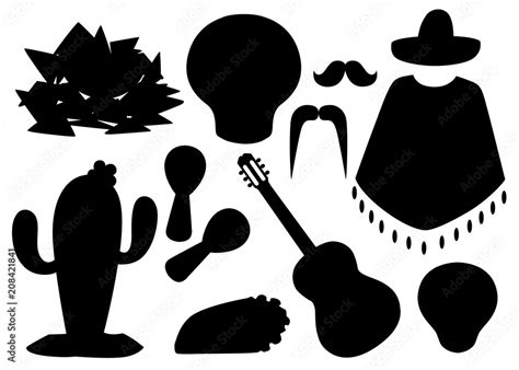 Black Silhouette Mexico Symbols Mexican Vector Icons Set Latin Traditional Ethnicity Symbols