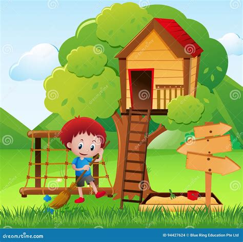 Little Boy Sweeping The Garden Stock Vector Illustration Of Drawing