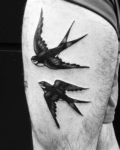Thigh Black Ink Traditional Swallow Tattoos For Gentlemen Swallow
