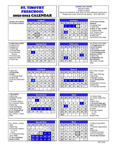 2022 2023 School Year Calendar St Timothy Preschool