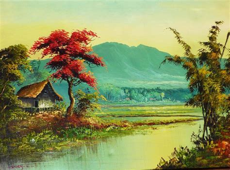 Colorful Landscape Oil Painting Of Tropical Asian Scene Possibly