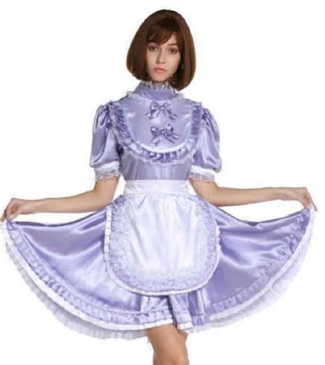 Sissy Maiden Maid Satin Lockable Purple Bib Bow Dress Cosplay Dress