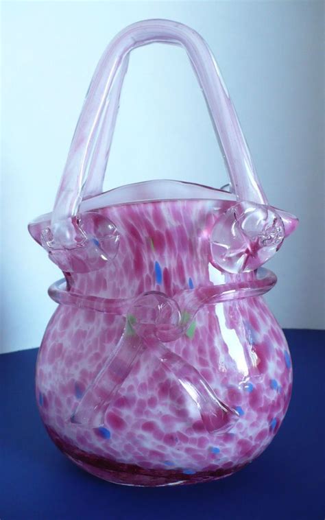Murano Hand Blown Glass Pink Purse Handbag Vase W Glass Bow And Colorful Accents Hand Blown