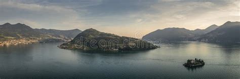 Mountain Panorama At Lake Iseo With Island Isola Di Loreto And Monte
