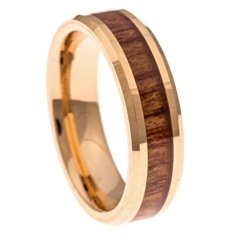 Mens Wedding Band Rose Gold Hawaiian Koa Wood Inlay 6mm In Wood Inlay Wedding Rings 