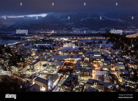 Vaduz, Liechtenstein top view at night. Vaduz is the capital of ...