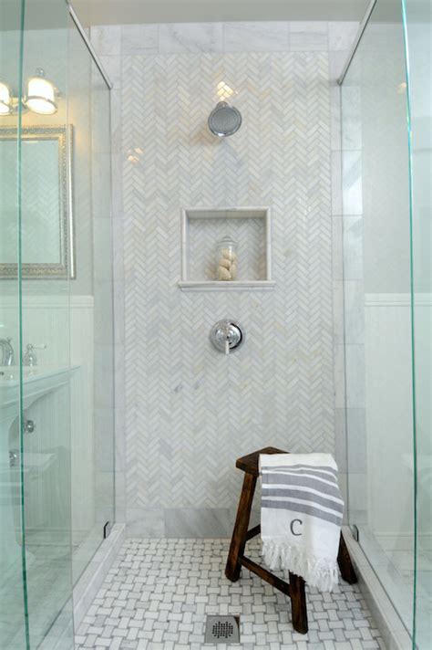 Polished Carrera Shower Tiles Transitional Bathroom