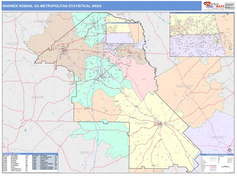 Warner Robins Ga Metro Area Wall Map Color Cast Style By Marketmaps
