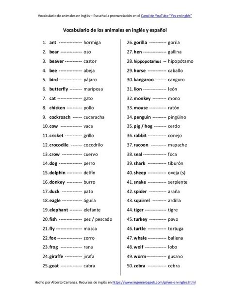 Vocabulario De Los Animales En Inglés Y Español Lista De Palabras