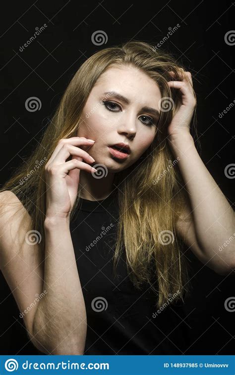 Beautiful Girl In A T Shirt In The Studio Stock Image Image Of Drink