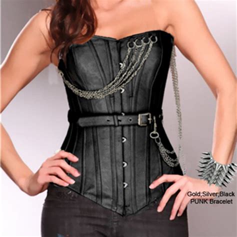 Hot Faux Leather Corset Overbust Black Steampunk Bustier Gothic Sexy