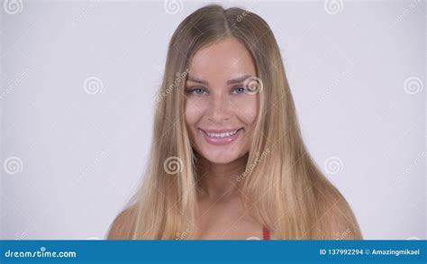Happy Young Beautiful Blonde Woman In Bikini Smiling Stock Footage