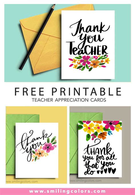 Thank You Teacher A Set Of 3 Free Printable Note Cards Smiling Colors
