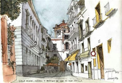 A Drawing Of A City Street With Buildings On Both Sides And People