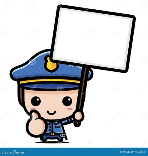 Cute Police Cartoon Character Wearing Full Police Costume With Holding