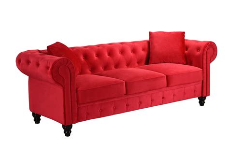 Classic Velvet Scroll Arm Tufted Button Chesterfield Sofa Large Red Ebay